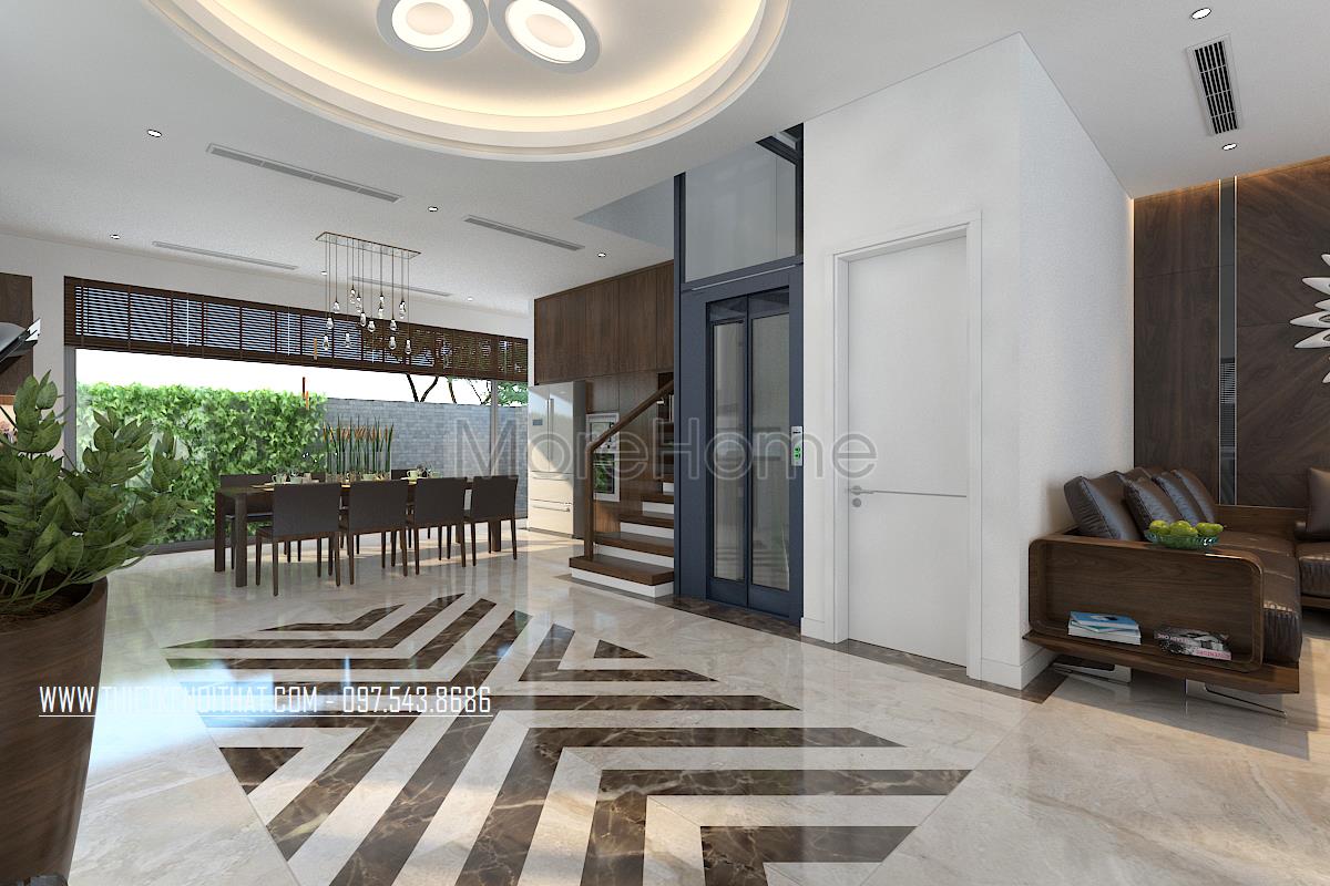 Mẫu cầu thang gỗ kính tại biệt thự Imperia Nguyễn Huy Tưởng