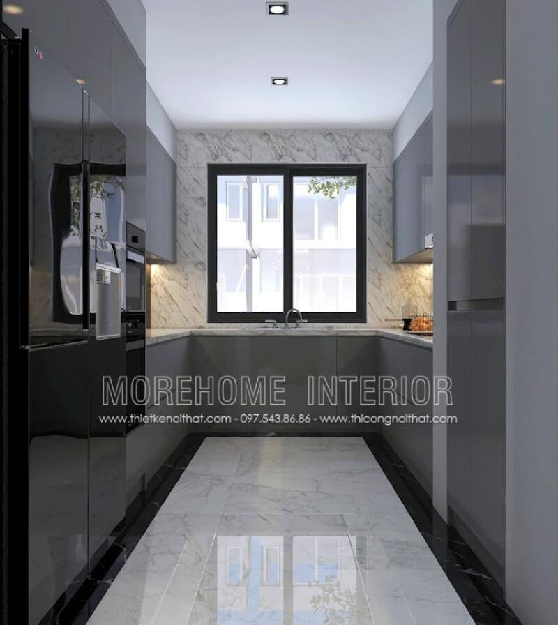 Xu hướng trang trí phòng bếp đẹp theo phong cách hiện đại sử dụng đá lớn ốp tường đang trở thành trào lưu vừa tăng tính thẩm mỹ mà còn giúp phòng bếp luôn được như mới. Hiện nay bạn còn có thể sử dụng đá uốn cong từ mặt bàn bếp và tường bếp để tạo sự liền mạch không một vết nối từ các dòng đá cao cấp như đá LG chuyên được thi công bởi Morestone. Thiết kế nội thất chung cư