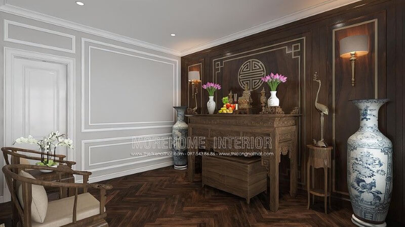 Thiết kế phòng thờ gỗ óc chó đẹp cho nhà chung cư cao cấp, nhà phố, biệt thự. Thiết kế nội thất chung cư