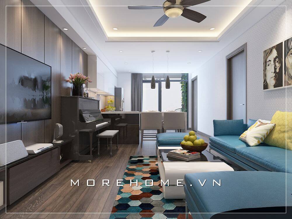 Với cách phối màu khéo léo từ sắc xanh nổi bật bạn sẽ tạo nên không gian phòng khách chung cư nhẹ nhàng, sang trọng Thiết kế nội thất chung cư
